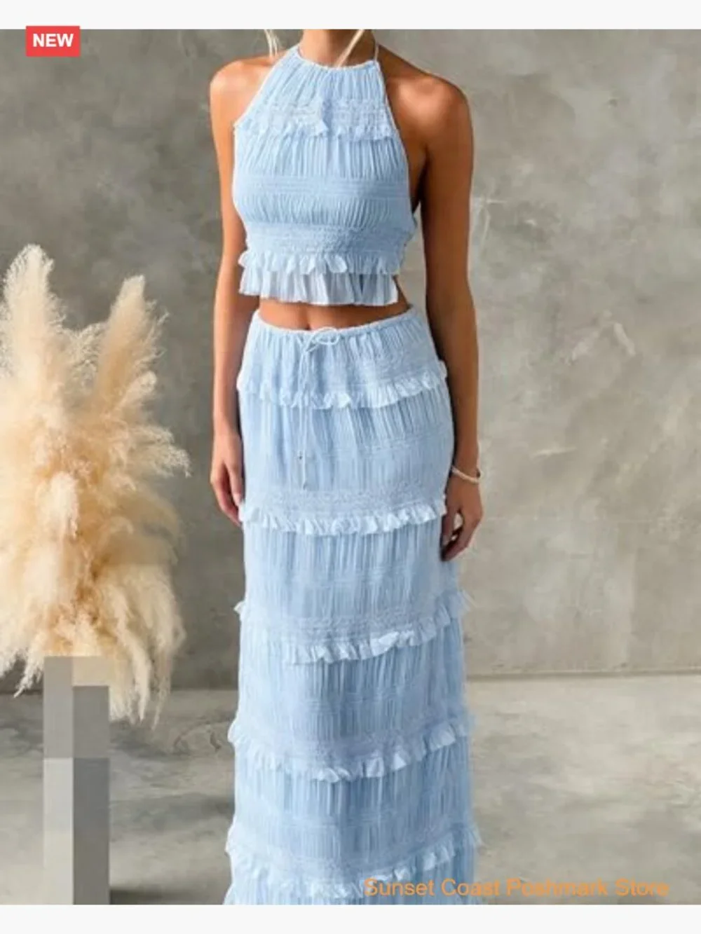Y2k Maxi Skirt Set Backless Lace Halter Crop Top and Long Skirt 2 PCS Outfit